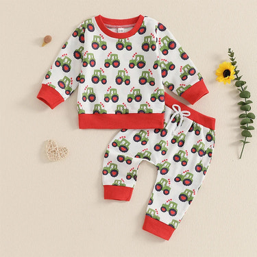Baby Toddler Boys 2Pcs Outfit Long Sleeve Tractor Print Top and Pants Jogger Set