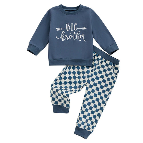 Toddler 2Pcs Big Brother/Sister Letter Print Top & Checkered Pants Set Outfit for Kids.