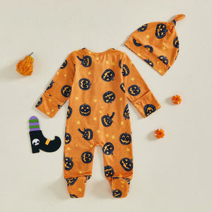 Baby Boy Girl 2Pcs Halloween Footed Zipper Romper Pumpkin Print Long Sleeve Round Neck Zip Jumpsuit with Hat Set