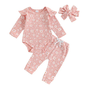 Baby girl floral print romper and pants set with headband, perfect for spring and fall outfits. Angle 13 view.