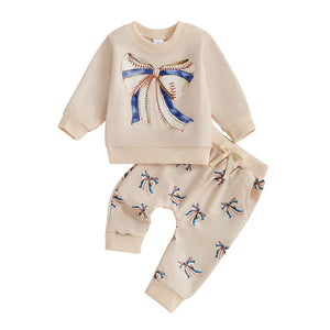 Baby Toddler Girls 2Pcs Fall Outfit Football / Baseball Bow Print Long Sleeve Crewneck Top and Elastic Pants Jogger Set