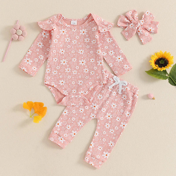 Baby girl floral print romper, long pants, and headband set for spring and fall outfits, angle view 3.