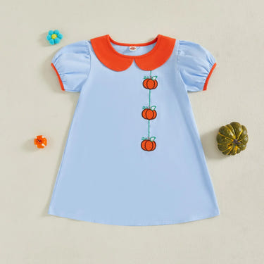 Toddler girl Halloween dress with pumpkin embroidery, short sleeves, and A-line design. Perfect for festive occasions!