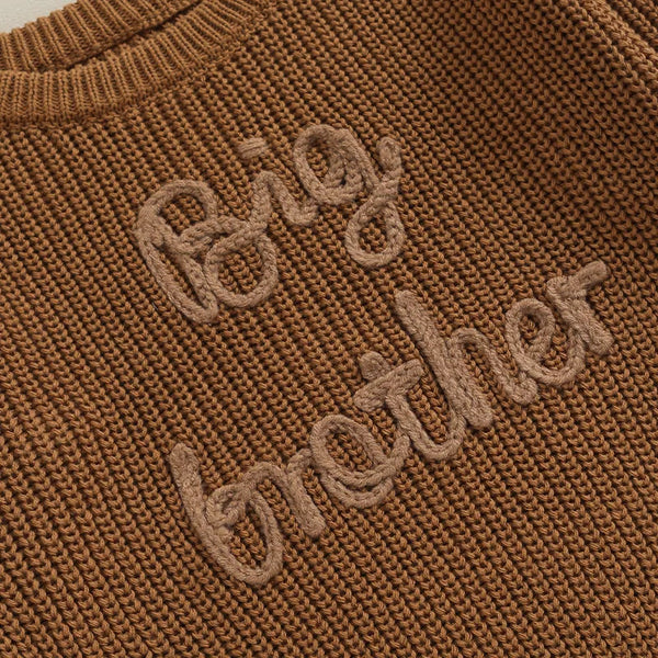 Toddler boys' cotton sweater with letter embroidery, loose knit pullover, perfect for big brothers.