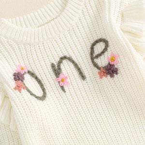 Baby girl birthday sweater with floral embroidery, warm long sleeve knitted pullover for infants.
