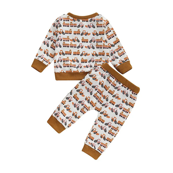 Baby Toddler Boys 2Pcs Halloween Outfit Pumpkin Trailer Tractor Print Long Sleeve Top and Long Pants Fall Set