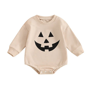 Baby Halloween romper with pumpkin face print for girls and boys, long sleeve, round neck, perfect for festive fun.