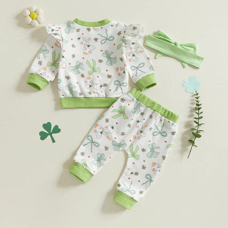 Baby toddler girls' 3-piece St. Patrick's Day outfit with shamrock print top, jogger pants, and headband.