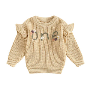 Baby girl birthday sweater with floral embroidery, long sleeve knitted pullover for infants, stylish and warm outfit.