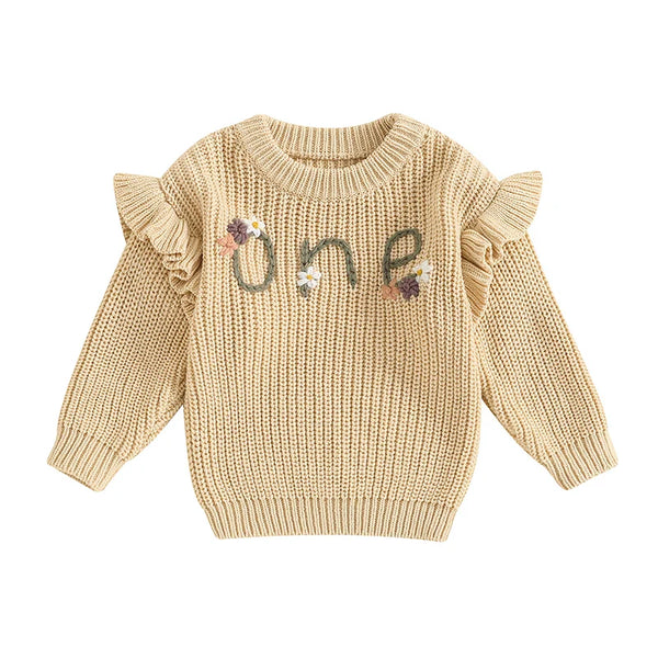 Baby girl birthday sweater with floral embroidery, long sleeve knitted pullover for infants, stylish and warm outfit.