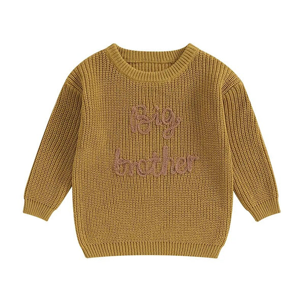 Toddler boys' cotton long sleeve sweater with "Big Brother" embroidery, loose knitwear top, angle view.