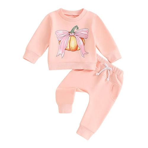 Baby toddler girls' Halloween outfit: bow pumpkin print long sleeve top and elastic pants set, angle view 7.