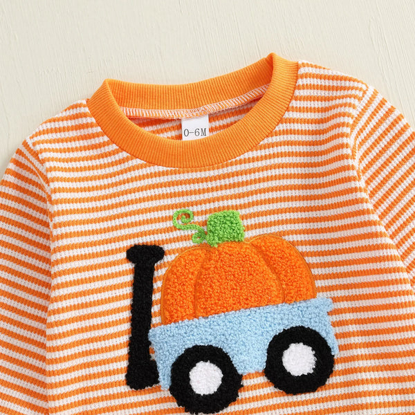 Baby Toddler Boy Girl 2Pcs Halloween Outfit Pumpkin Embroidery Boo Ghost Striped Long Sleeve Top and Elastic Jogger Pants Set