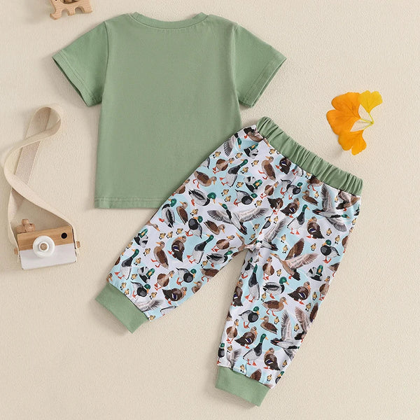 Baby Toddler Boys 2Pcs Outfit Summer Spring Duck Embroidery Short Sleeve T-Shirt Top and Elastic Waist Jogger Pants Set