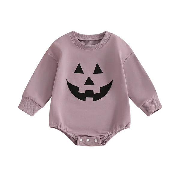 Baby Halloween romper with pumpkin face print, long sleeves, perfect for girls and boys. Angle 9 view.