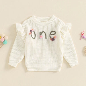 Baby girl birthday sweater with floral embroidery, long sleeve knitted pullover for infants, angle 17 view.