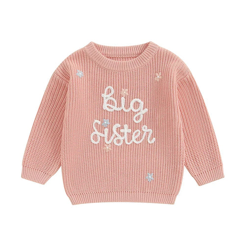 Cute big sister sweater for toddlers, long sleeve with letter embroidery, perfect for stylish kids' outfits.