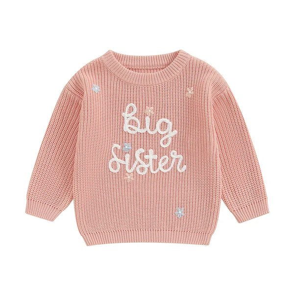 Toddler Kids Girl Big Sister Sweater Cute Long Sleeve Letter Embroidery Knit Pullover Loose Top