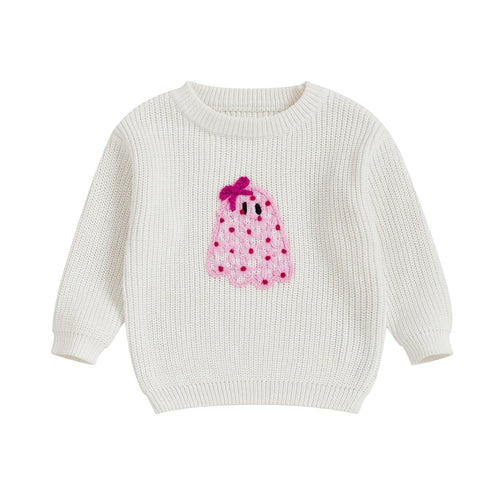Baby girl Halloween sweater with ghost flower embroidery, long sleeve knit pullover top, angle view.