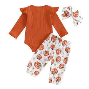 Baby girls' 3-piece Halloween outfit with ribbed romper, pumpkin print pants, and headband, angle 14 view.