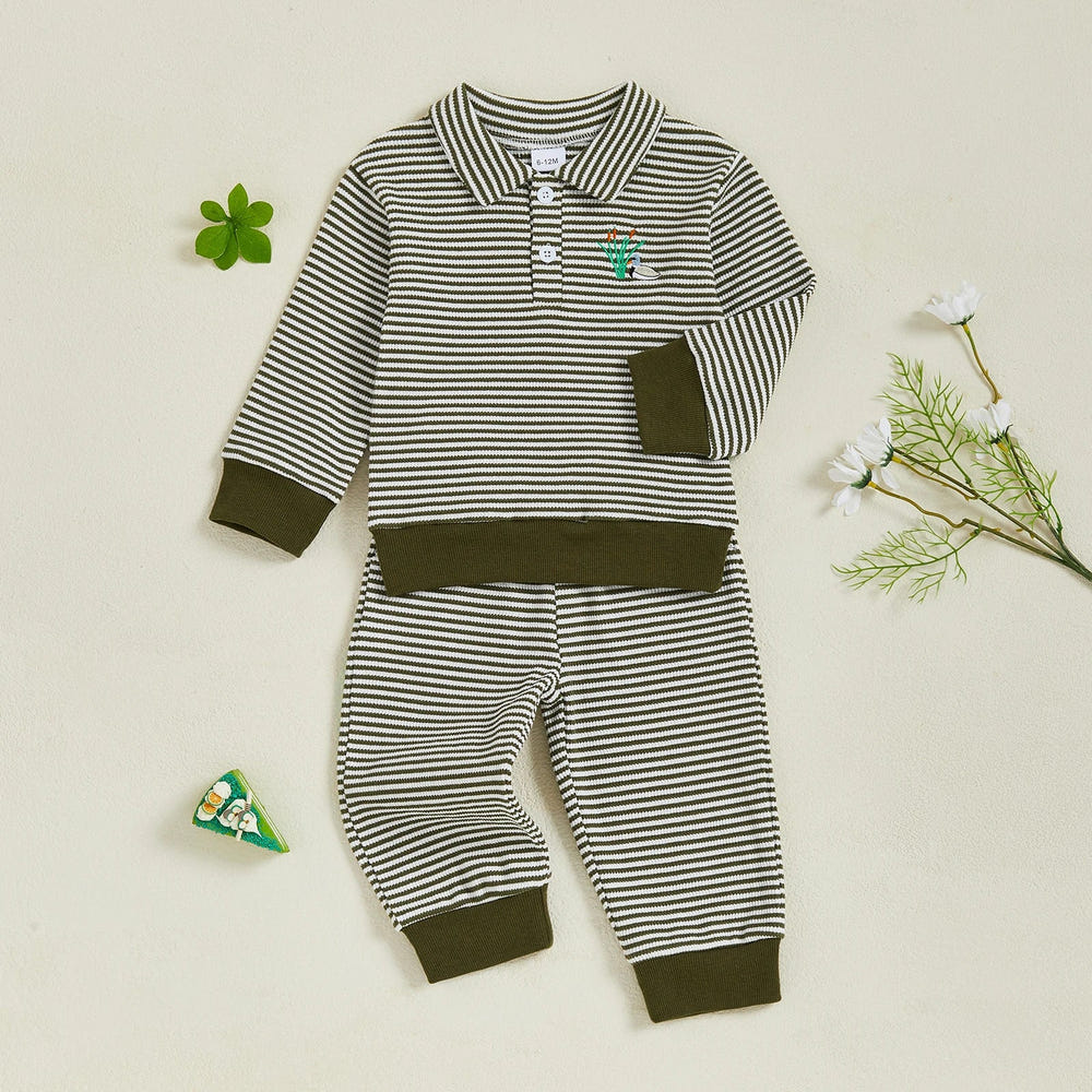 Baby toddler boys' 2pcs long sleeve duck top with striped pants outfit, perfect for infants.