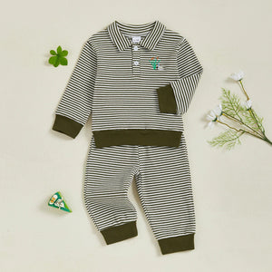 Baby Toddler Boys 2Pcs Long Sleeve Embroidery Duck Top with Striped Pants Infant Clothes Set