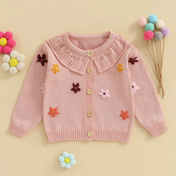Baby Toddler Girls Cardigan Sweater 3D Flower Design Button Down Long Sleeve Knitted Top