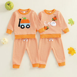 Baby Toddler Boy Girl 2Pcs Halloween Outfit Pumpkin Embroidery Boo Ghost Striped Long Sleeve Top and Elastic Jogger Pants Set