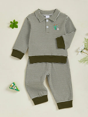 Baby Toddler Boys 2Pcs Long Sleeve Embroidery Duck Top with Striped Pants Infant Clothes Set