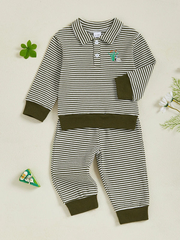 Baby Toddler Boys 2Pcs Long Sleeve Embroidery Duck Top with Striped Pants Infant Clothes Set