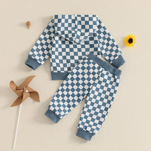 Baby Toddler Boy 2Pcs Checkered Outfit Long Sleeve Zip Up Hoodie Elastic Waist Pants with Pockets Jogger Set