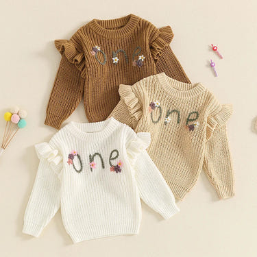 Baby girl birthday sweater with floral embroidery, long sleeve knitted pullover for infants, perfect for casual wear.