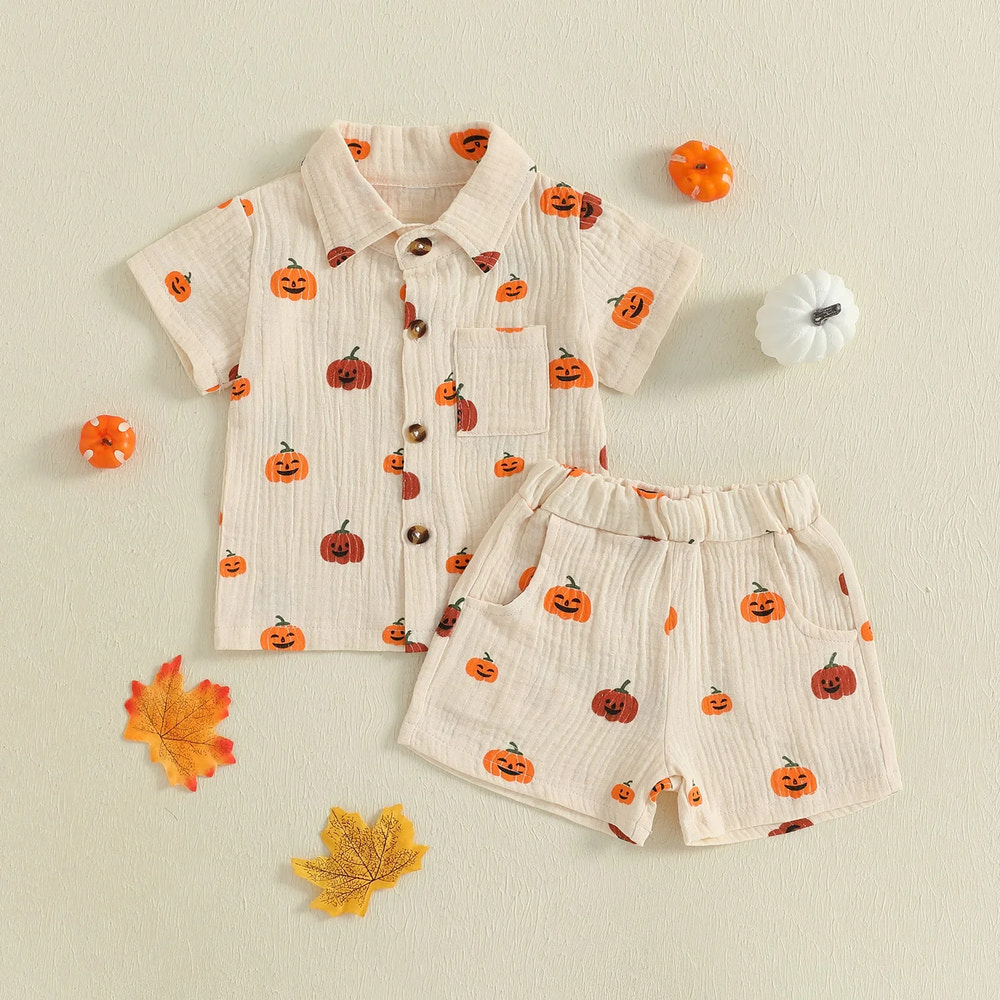 Baby Boys Halloween Outfits Pumpkin Print Button Short Sleeves T-Shirt and Elastic Shorts Set Clothes Set