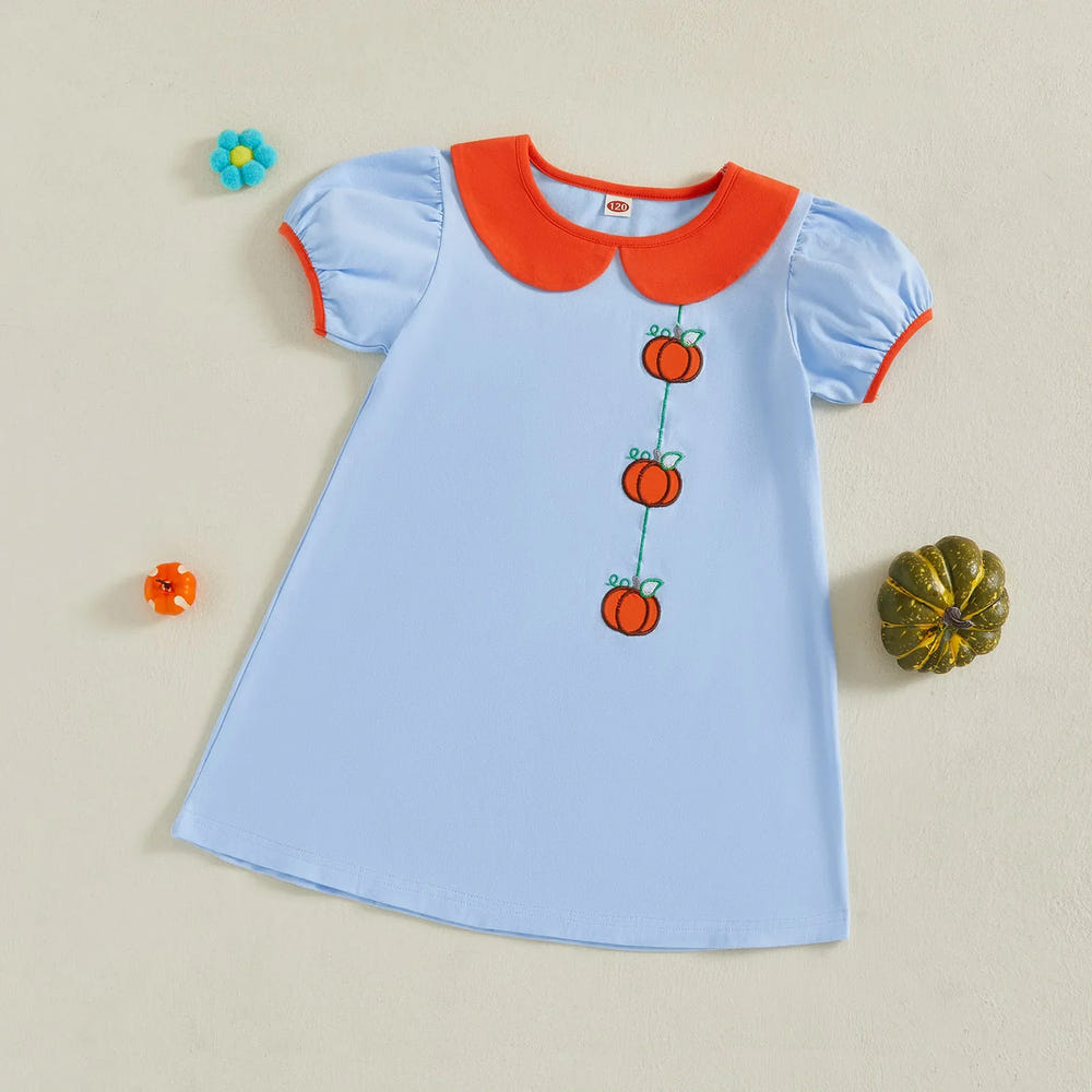 Toddler girl Halloween dress with pumpkin embroidery, short sleeves, and A-line design. Perfect for festive occasions!