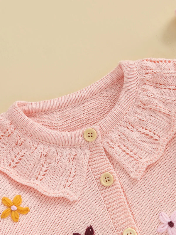 Baby Toddler Girls Cardigan Sweater 3D Flower Design Button Down Long Sleeve Knitted Top