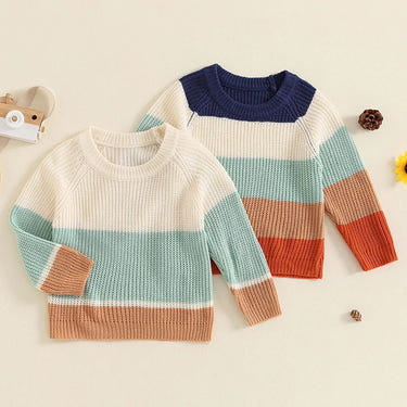 Cozy knitted sweater for toddlers with contrast color stripes, perfect for casual wear.