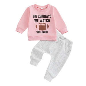 Baby Toddler Boys Girls 2Pcs Fall Outfit On Sundays We Watch Football With Daddy Letter Print Long Sleeve Top Elastic Pants Set