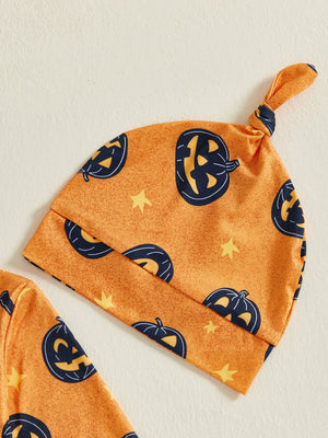 Baby Boy Girl 2Pcs Halloween Footed Zipper Romper Pumpkin Print Long Sleeve Round Neck Zip Jumpsuit with Hat Set