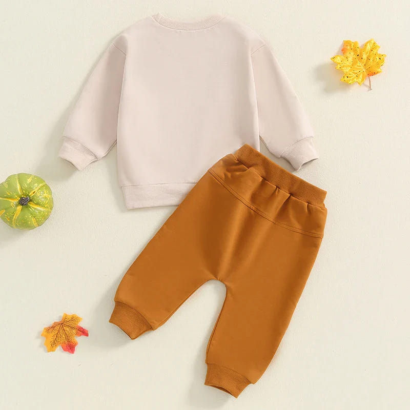 Baby toddler boys' Halloween outfit set with tractor pumpkin print, long sleeve top and elastic pants.