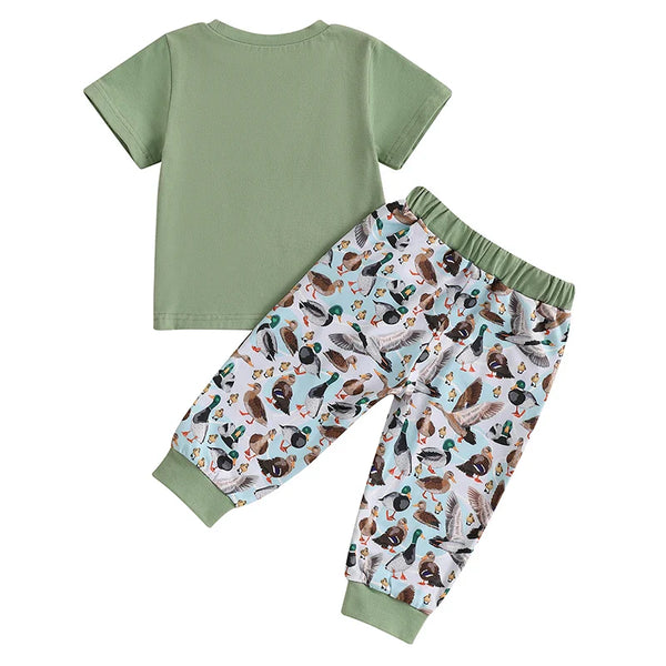 Baby Toddler Boys 2Pcs Outfit Summer Spring Duck Embroidery Short Sleeve T-Shirt Top and Elastic Waist Jogger Pants Set