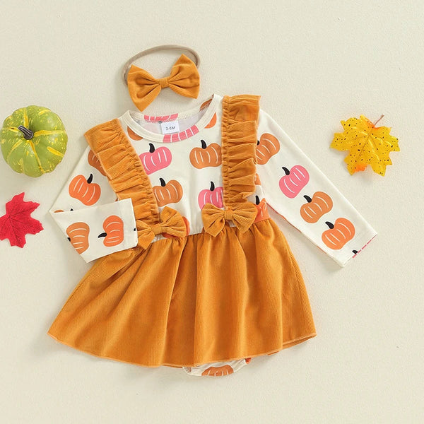 Baby girls' Halloween romper dress set with pumpkin print and headband, angle 2 view. Perfect for festive occasions!