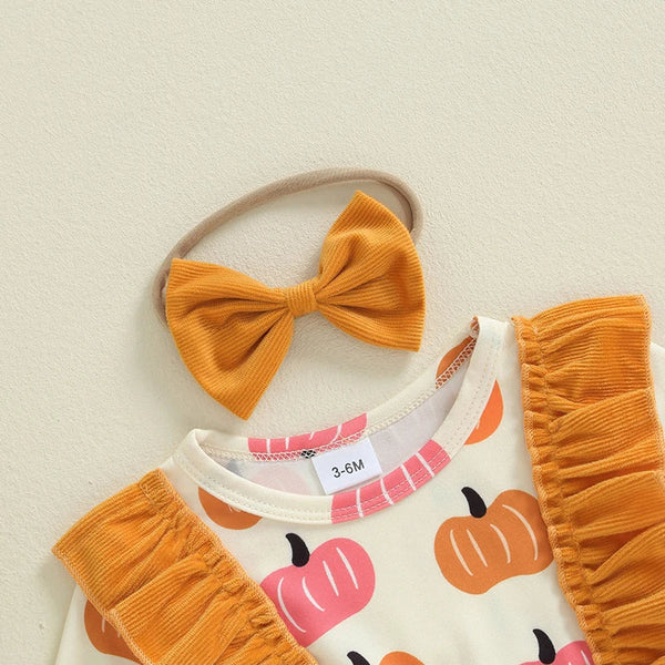Baby girls' Halloween romper dress set with pumpkin print and headband, long sleeve, angle view.