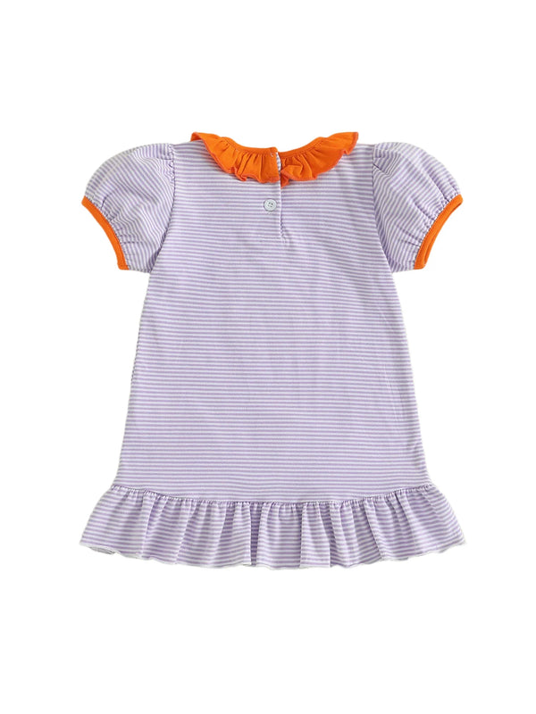 Baby Toddler Kids Girl Halloween Striped Dress Pumpkin Black Cat Embroidered Short Sleeve Ruffled Dress Cute Fall Clothes