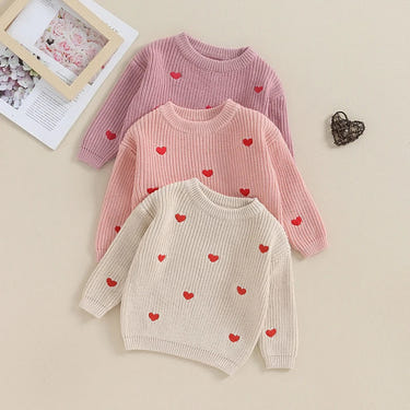 Baby girl knit sweater with heart embroidery, perfect Valentine's Day pullover for toddlers.
