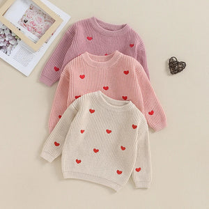 Baby girl knit sweater with heart embroidery, perfect Valentine's Day pullover for toddlers.