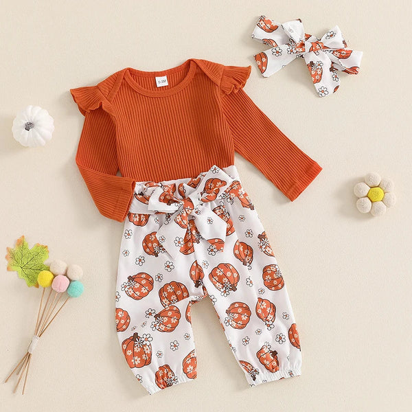 Baby girls' 3-piece Halloween outfit with frill sleeve romper, pumpkin print pants, and headband. Perfect for festive fun!