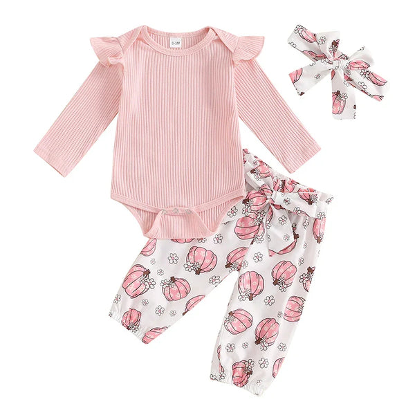 Baby girls' 3-piece Halloween outfit with ribbed romper, pumpkin print pants, and headband, angle view.