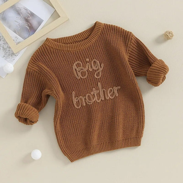 Toddler boys' long sleeve sweater with big brother embroidery, loose knitwear, perfect for stylish playtime.