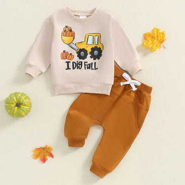 Baby toddler boys' Halloween outfit set with tractor pumpkin print, long sleeve top and elastic pants.