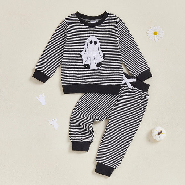 Baby Toddler Boys 2Pcs Halloween Outfit Ghost Embroidery Striped Long Sleeve Top and Elastic Pants Clothes Set